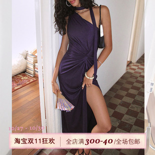 ITSNIKAR棕色斜肩连衣裙女秋收腰扭结针织长裙性感一字肩闪片裙子
