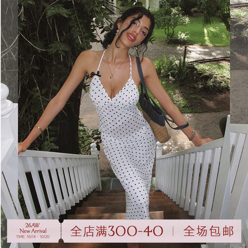 ITSNIKAR 法式波点性感V领挂脖吊带套装女夏肌理感雪纺半裙两件套