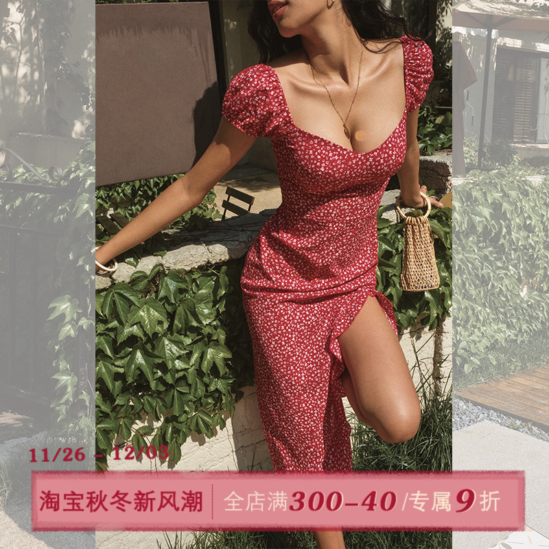 ITSNIKAR 复古桃心领碎花连衣裙女夏海边度假风性感开衩包臀裙子