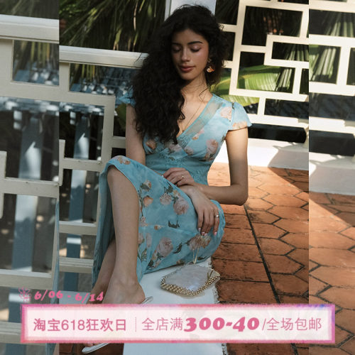 ITSNIKAR 复古V领雪纺印花连衣裙女夏性感镂空包臀裙度假风长裙子