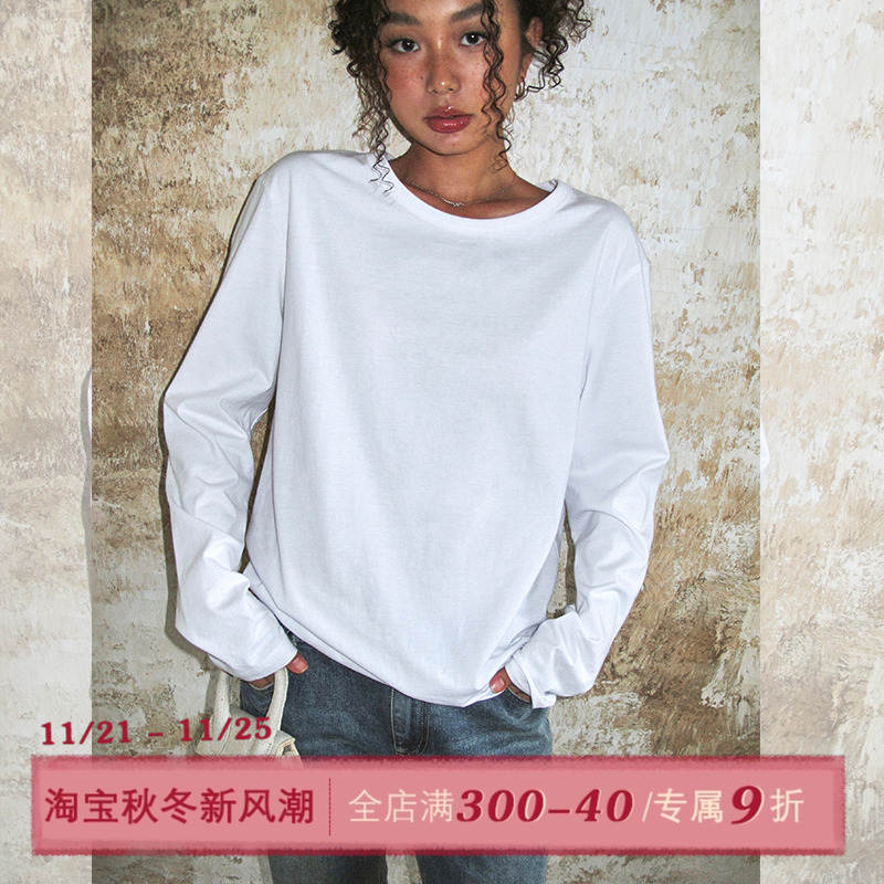 ITSNIKAR 白色基础款长袖T恤女秋休闲显瘦打底衫宽松百搭叠穿上衣