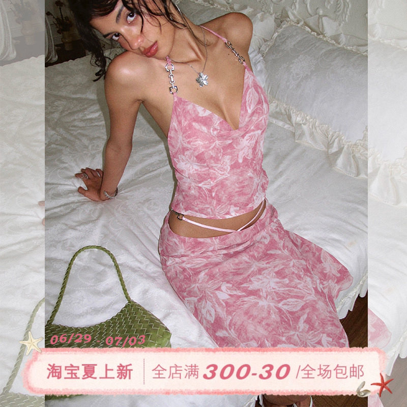 ITSNIKAR慵懒风荡领性感露背吊带套装女夏印花显瘦包臀裙子两件套