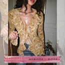 女秋木耳边打底衫 印花V领雪纺蕾丝衫 收腰开衩短上衣 法式 ITSNIKAR