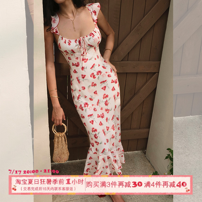 ITSNIKAR法式印花吊带连衣裙女夏荷叶边设计包臀裙优雅显瘦长裙子 - 封面