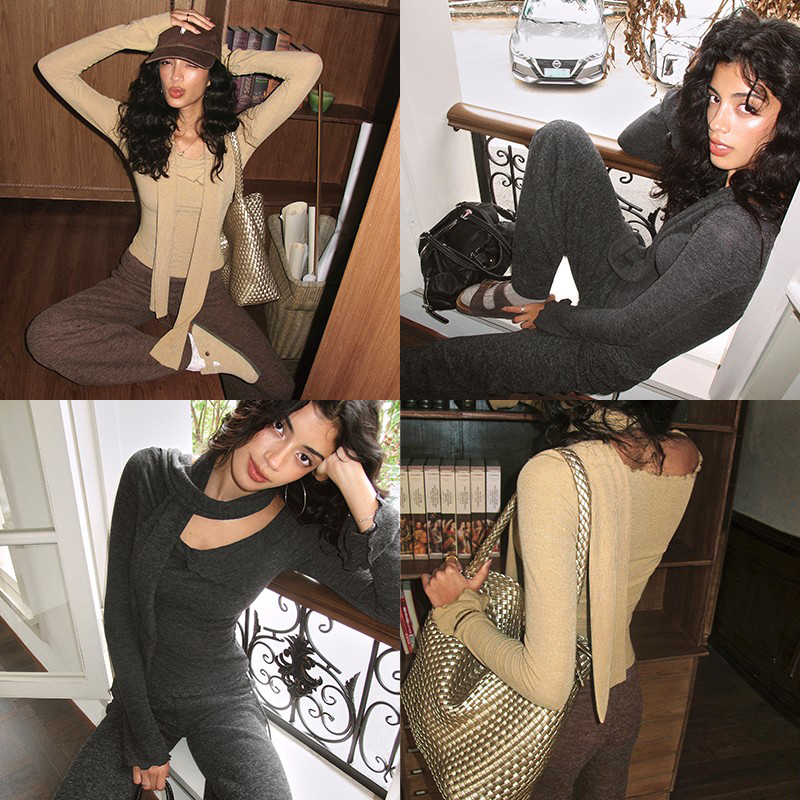 ITSNIKAR 经典一字肩修身长袖针织套装女秋冬阔腿显瘦长裤两件套