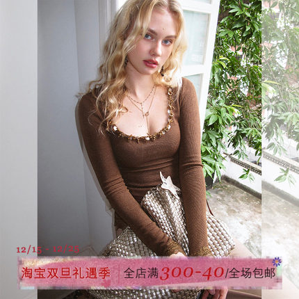 ITSNIKAR 经典U领针织衫女初秋修身显瘦打底衫性感蕾丝拼接短上衣