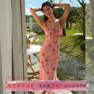 ITSNIKAR肌理感印花吊带连衣裙女夏修身 显瘦包臀裙复古玫瑰长裙子