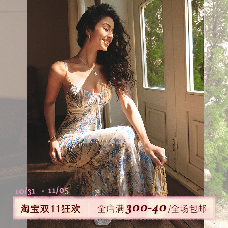 ITSNIKAR【清酒裙】蓝色碎花连衣裙女性感吊带长裙海边度假鱼尾裙