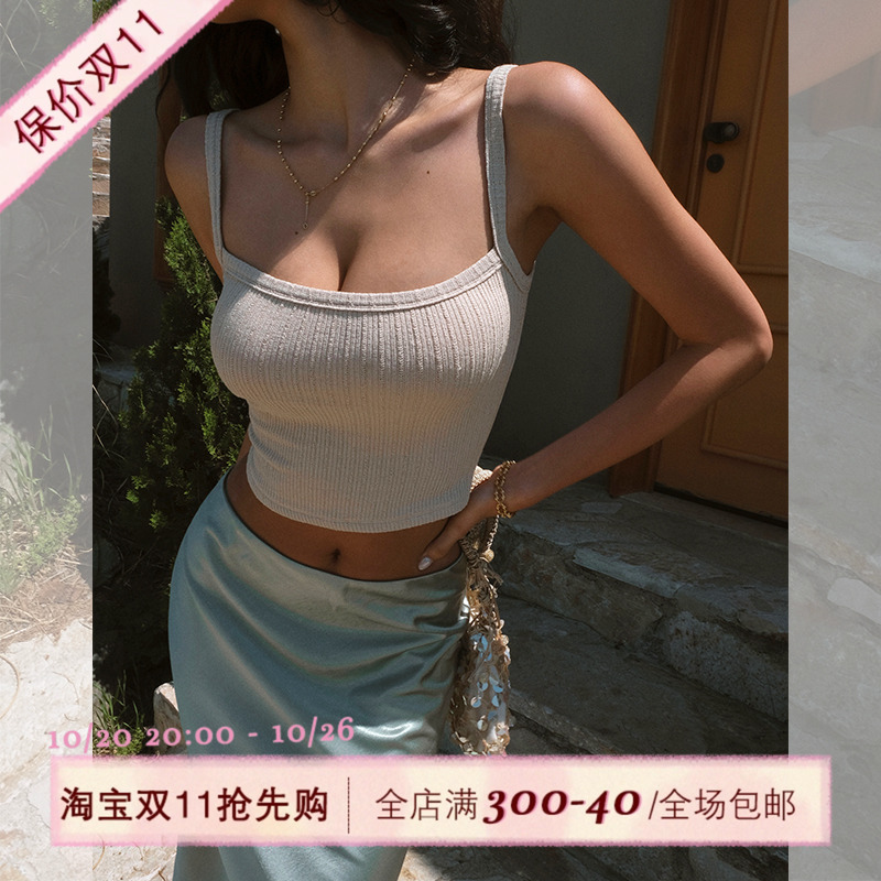 ITSNIKAR 肌理感坑条针织背心吊带女夏带胸垫打底内搭显瘦短上衣