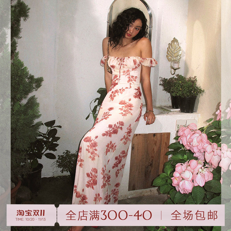 ITSNIKAR 复古印花短袖连衣裙女夏露背绑带包臀裙方领显瘦长裙子