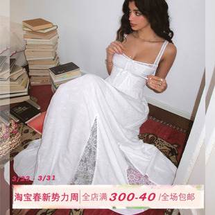 ITSNIKAR法式复古蕾丝连衣裙女性感收腰鱼骨吊带裙高级白色长裙子