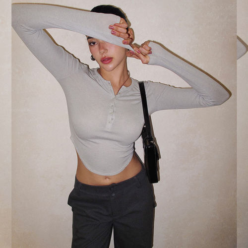 ITSNIKAR美式性感针织衫女初秋修身长袖打底衫内搭亨利衫V领上衣