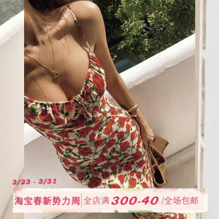 ITSNIKAR法式 裙子 玫瑰碎花连衣裙女秋复古红色吊带裙海边度假修身