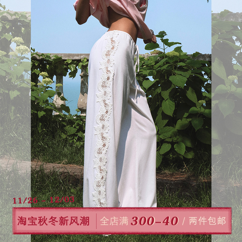ITSNIKAR肌理感镂空花边休闲裤女夏阔腿显瘦直筒裤抽褶绑带长裤子