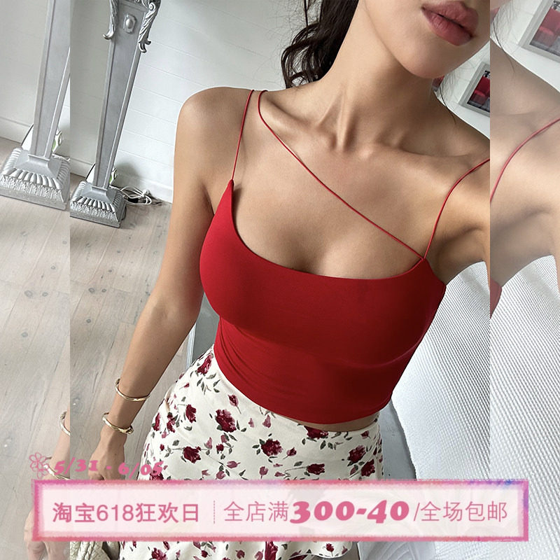 ITSNIKAR【小腰精】设计感红色吊带背心女带胸垫美背抹胸性感上衣