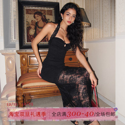 ITSNIKAR【罗马午夜】黑玫瑰蕾丝连衣裙女性感挂脖吊带裙礼服裙子