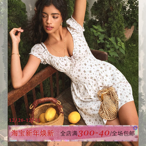 ITSNIKAR 性感v领绑带设计碎花连衣裙女夏泡泡袖短裙收腰显瘦裙子