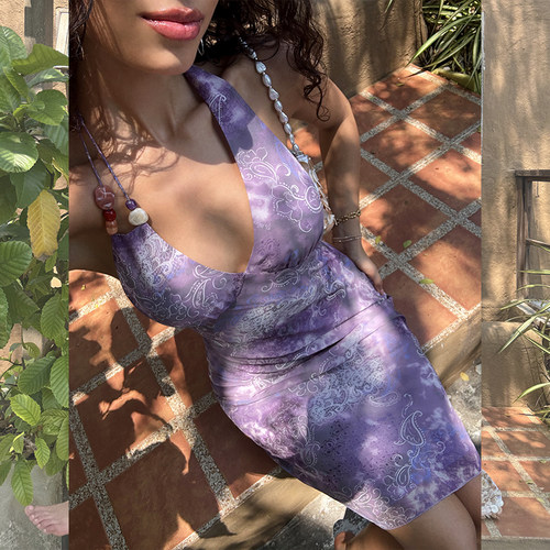 ITSNIKAR【獨家印花】挂脖连衣裙女夏露背性感包臀裙度假风长裙子