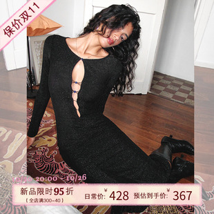 ITSNIKAR 摩登黑色V領(lǐng)連衣裙女性感長袖 針織包臀裙子