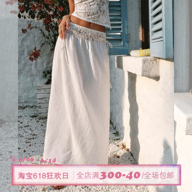 ITSNIKAR 复古无腰头蕾丝刺绣半身裙女夏性感A字裙经典百搭长裙子