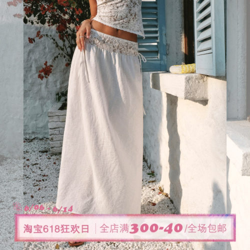 ITSNIKAR 复古无腰头蕾丝刺绣半身裙女夏性感A字裙经典百搭长裙子
