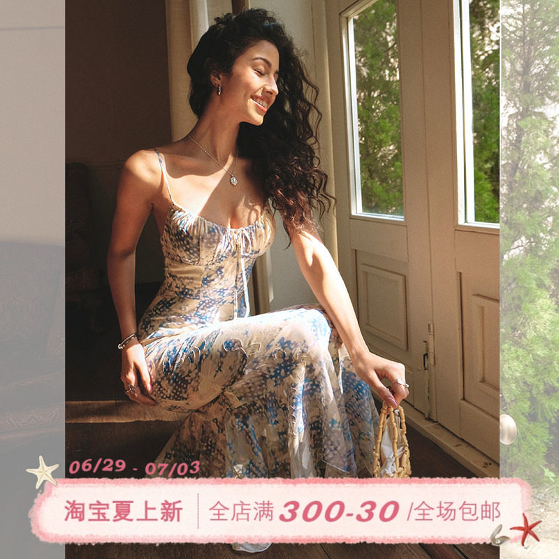 ITSNIKAR【清酒裙】蓝色碎花连衣裙女性感吊带长裙海边度假鱼尾裙