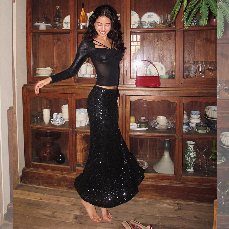 ITSNIKAR 重工珠片细闪半身裙女秋弹力修身鱼尾裙包臀显瘦长裙子