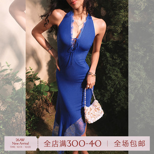 ITSNIKAR法式细闪挂脖连衣裙女春性感修身包臀裙蕾丝拼接中长裙子
