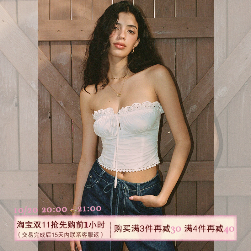 ITSNIKAR法式重工刺绣抹胸女夏抽褶设计内搭度假风立体显瘦短上衣