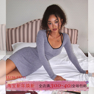 ITSNIKAR桃心领挂脖连衣裙女初秋肌理感设计包臀裙性感显瘦短裙子
