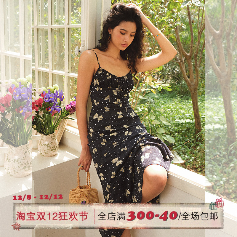 ITSNIKAR法式黑色蝴蝶连衣裙女春夏碎花吊带裙设计感鱼尾长款裙子