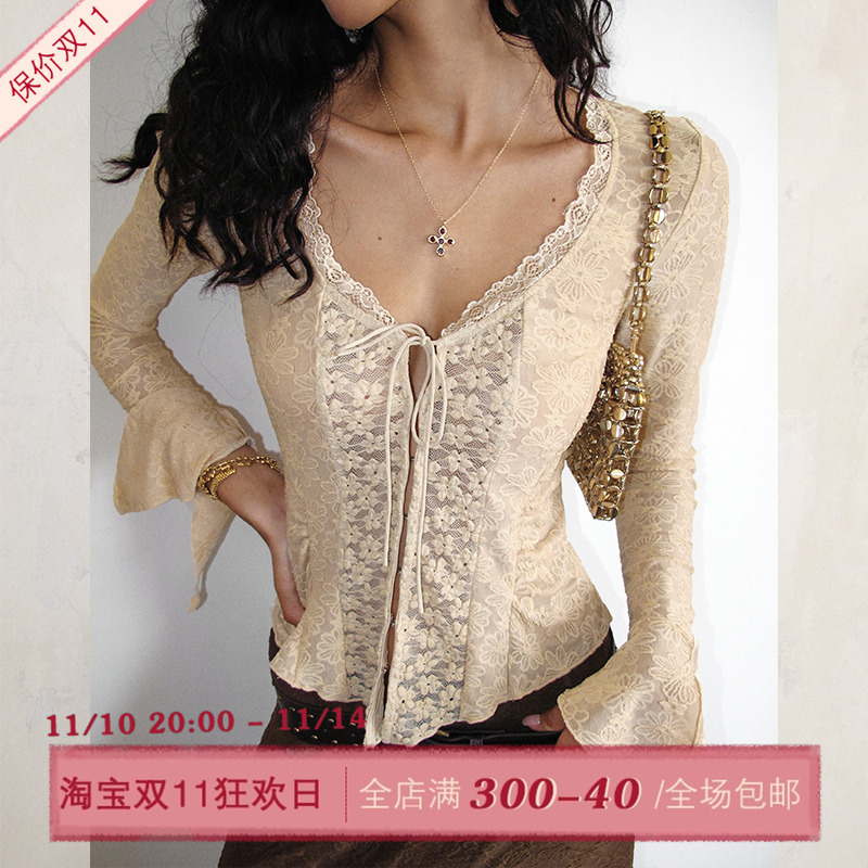 ITSNIKAR法式复古肌理感蕾丝长袖针织套装早秋包臀长裙上衣两件套