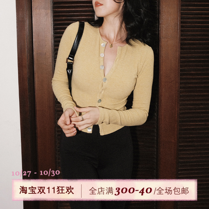 ITSNIKAR鹅黄色法式针织开衫