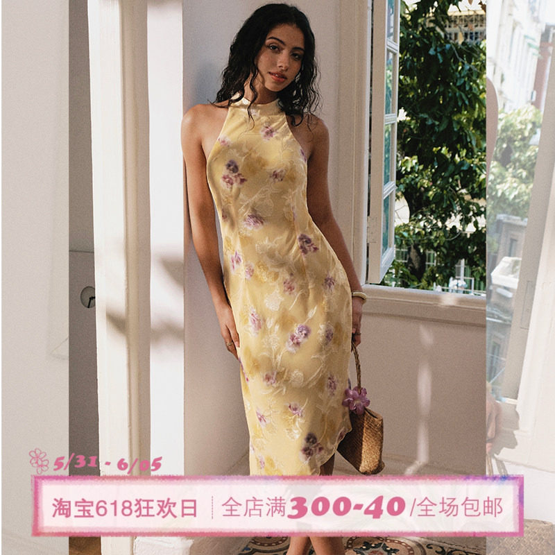 ITSNIKAR 法式印花挂脖连衣裙女夏露背绑带鱼尾裙包臀性感长裙子