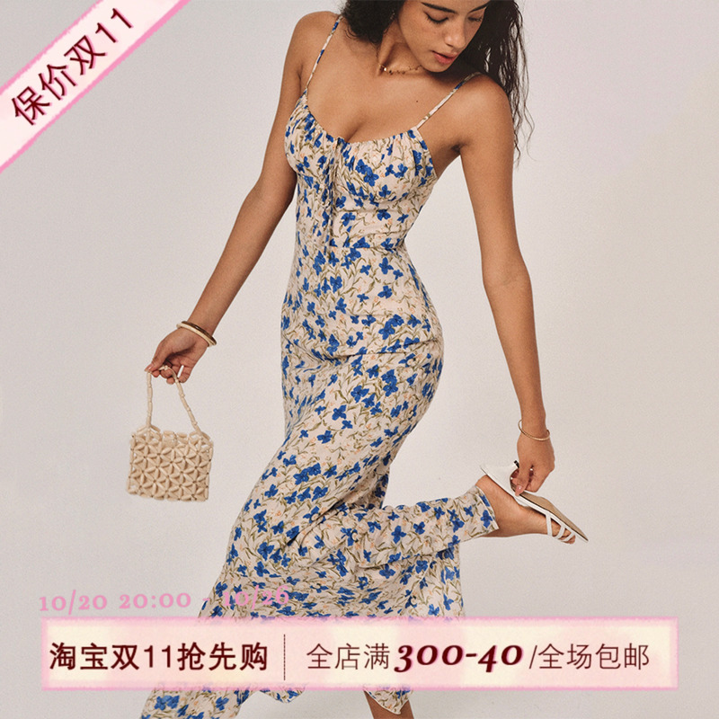 ITSNIKAR法式蓝色蝴蝶碎花连衣裙女夏长款包臀吊带裙海岛度假裙子