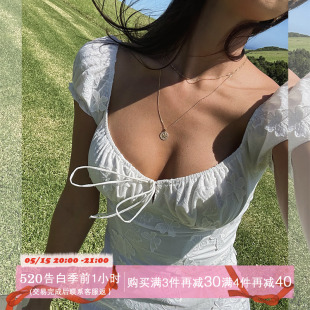 法式 复古方领刺绣连衣裙女早春芭蕾风短袖 白蝴蝶 ITSNIKAR 裙子