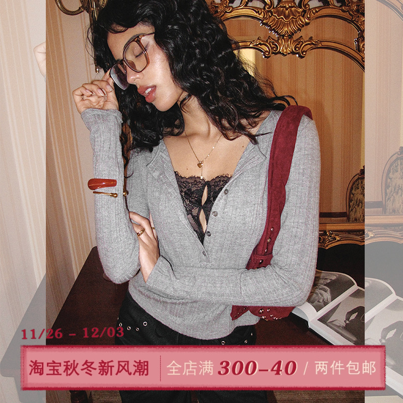 ITSNIKAR 假两件V领毛针织衫女秋性感显瘦打底衫蕾丝拼接长袖上衣