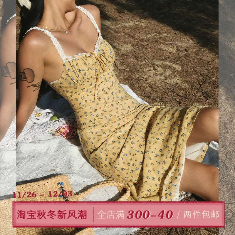 ITSNIKAR法式黄色碎花裙子