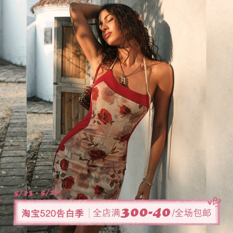 ITSNIKAR 复古碎花挂脖连衣裙女夏性感修身包臀裙经典显瘦短裙子