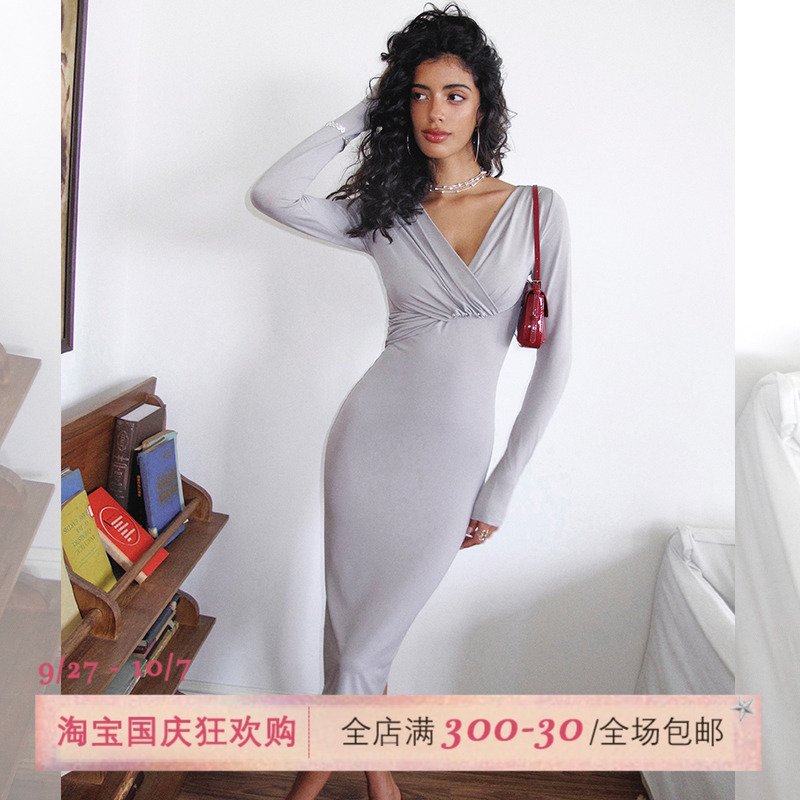 ITSNIKAR 复古V领长袖连衣裙女初秋修身显瘦包臀裙垂感开衩长裙子