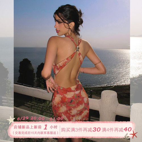 ITSNIKAR复古红色碎花连衣裙女性感挂脖吊带裙海边露背度假长裙子