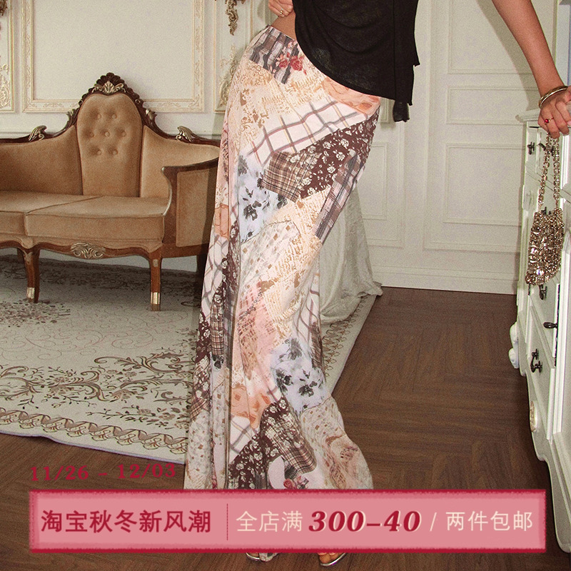 ITSNIKAR 缎面复古印花半身裙女夏修身性感包臀裙斜裁显瘦长裙子