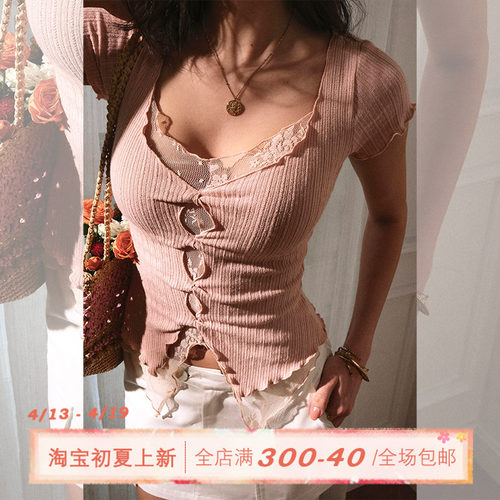 ITSNIKAR 假两件镂空提花针织短袖女夏修身性感T恤蕾丝拼接短上衣