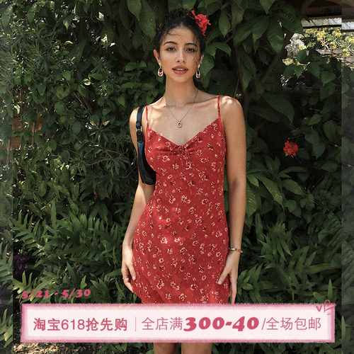 ITSNIKAR 复古雪纺碎花吊带连衣裙女夏性感显瘦包臀裙修身短裙子