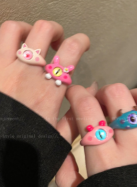 童趣可爱搞怪黑色小猫咪怪兽戒指食指戒2YK千禧开口可调节指环