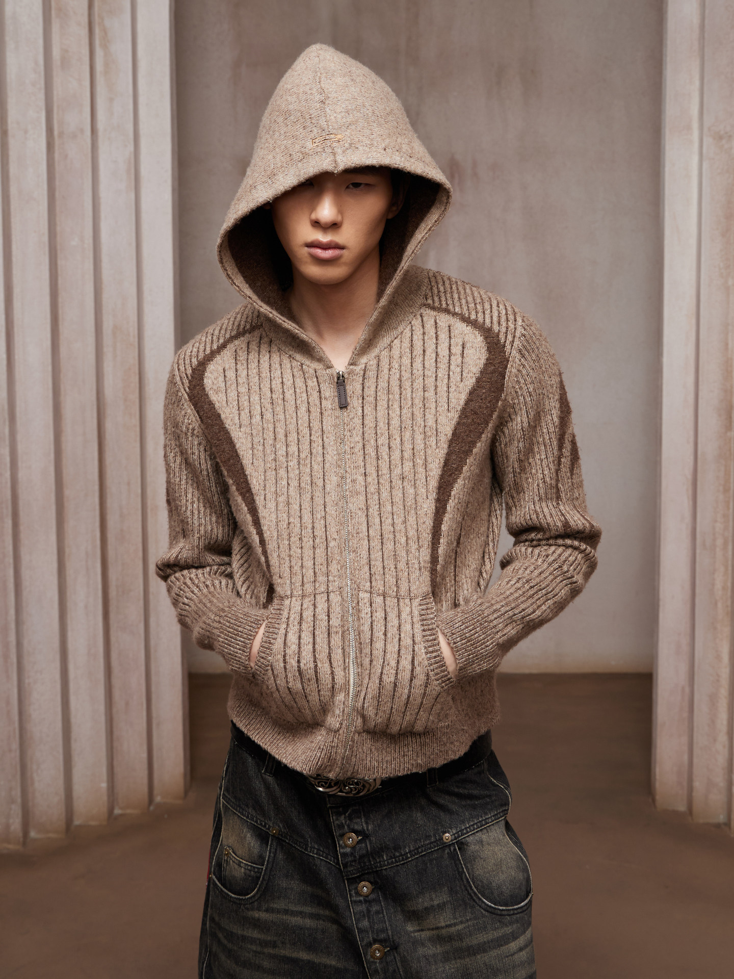 DND4DES] Color Block Wool Blend Zipper Cardigan - OLDLAUNDRY