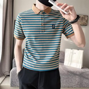 半袖 潮牌Polo衫 潮流条纹修身 男夏季 衣服痞帅体恤 翻领t恤2023新款
