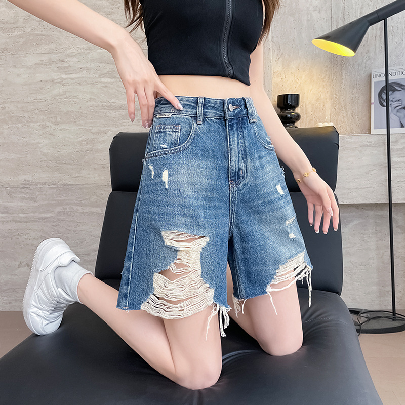 高腰破洞五分牛仔短裤女夏季薄款2025年新款设计感a字阔腿热裤子