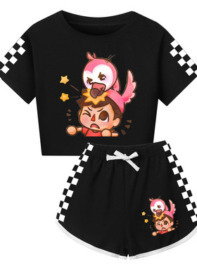 夏季卡通动漫FLIM WALF火烈鸟成人儿童半身短袖短裤亲子可爱套装