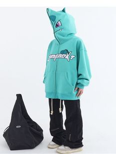 哥特设计感潮流宽松卫衣 2新款 神奇宝贝万圣节美式 街头连帽拉链衫